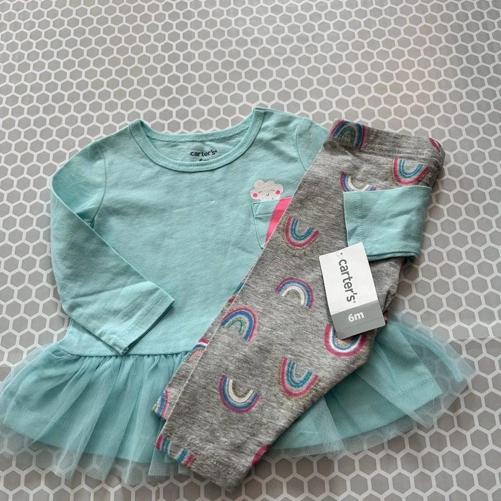 NWT Carter's Aqua Tulle Tutu Top with Gray Rainbow Leggings Size 6M
